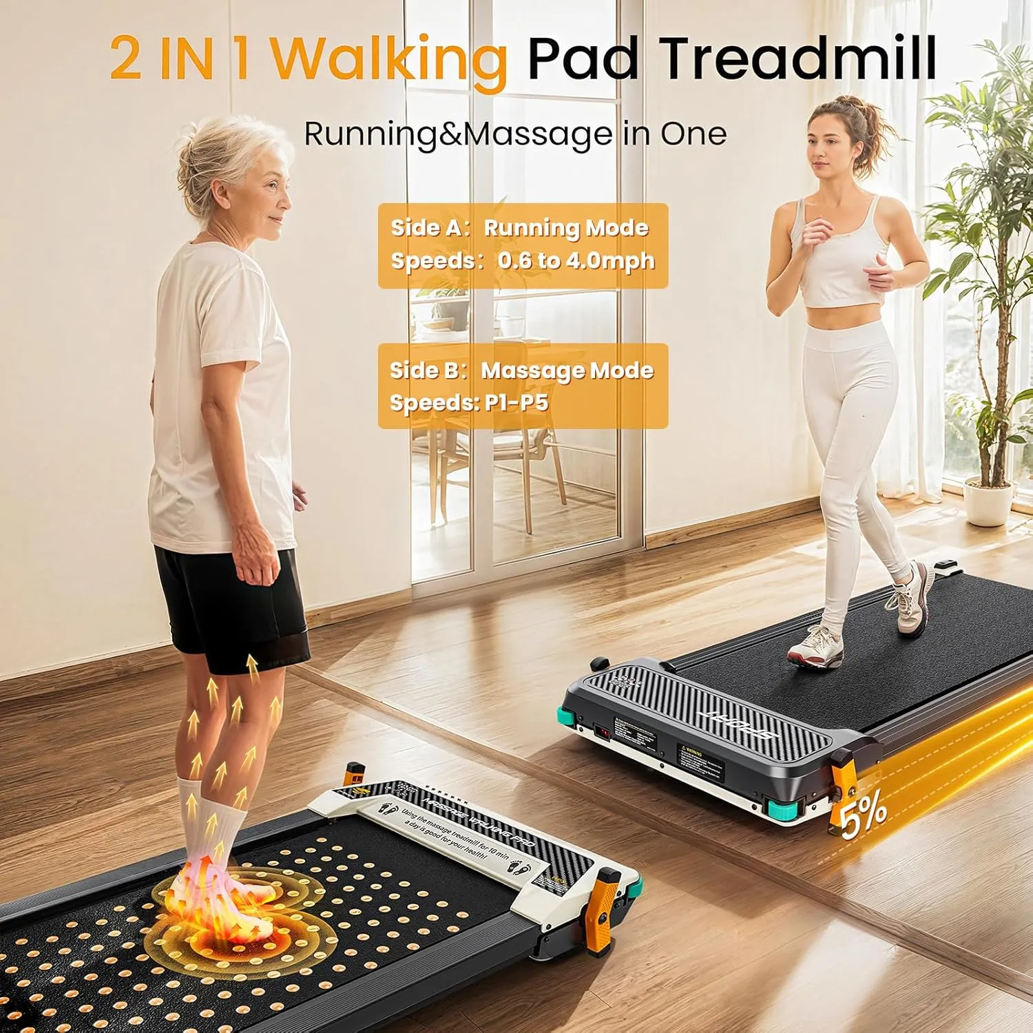 2 Side Walking Pad Treadmill with Incline Massage Function, 2 in 1 Under Desk Treadmills Walking Pad and Foot Massager for Home/Office, Portable Treadmill with Remote Control LED Display