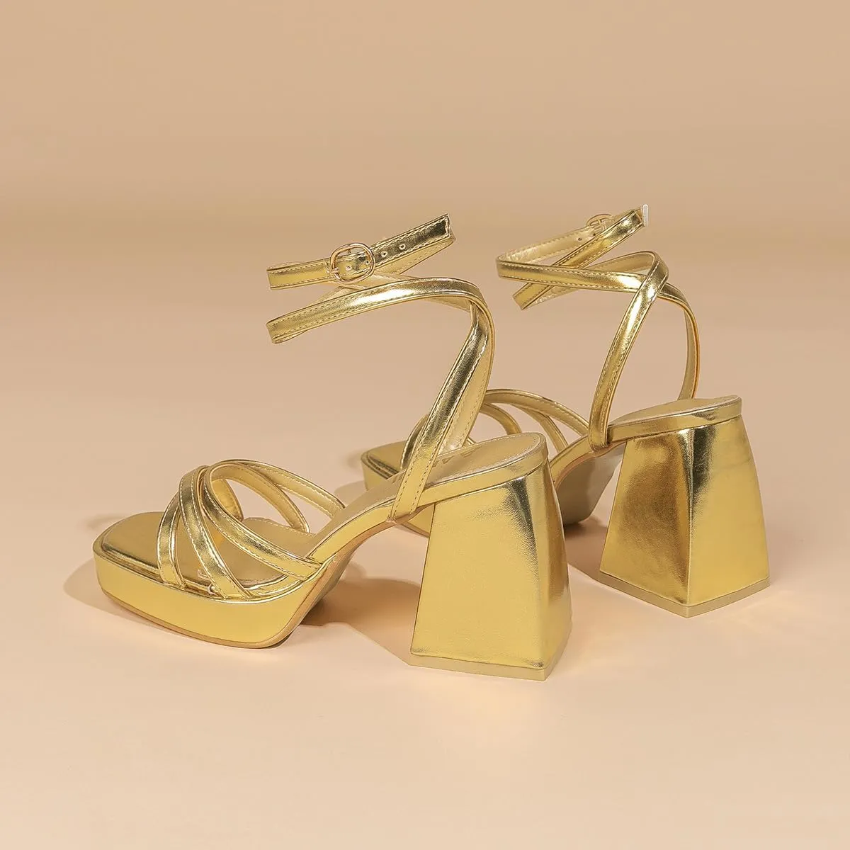 Amoji Women's 4 Inch Platform Chunky Heel Strappy Ankle Strap Block Heeled Sandals 305