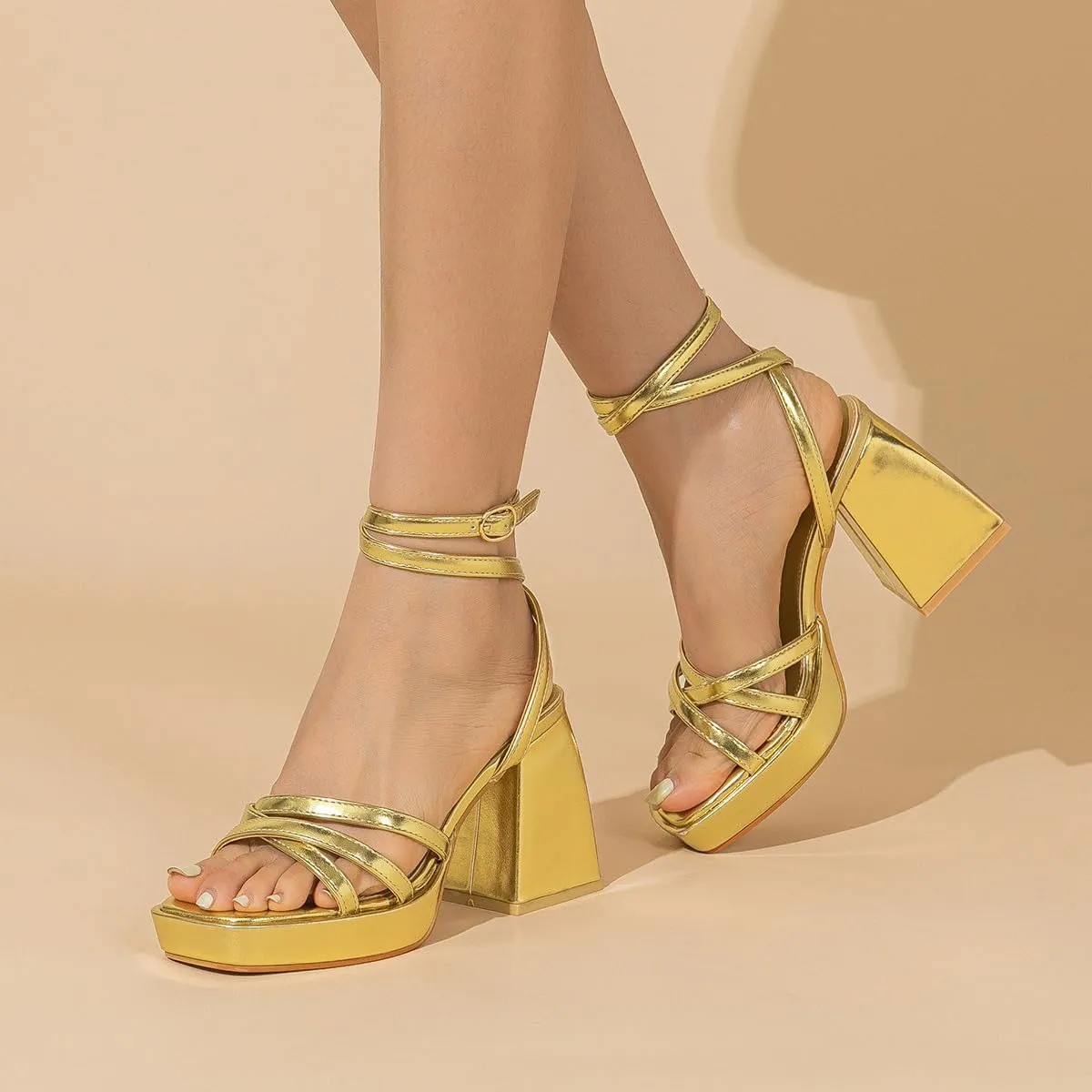 Amoji Women's 4 Inch Platform Chunky Heel Strappy Ankle Strap Block Heeled Sandals 305