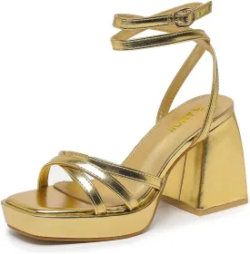 Amoji Women's 4 Inch Platform Chunky Heel Strappy Ankle Strap Block Heeled Sandals 305