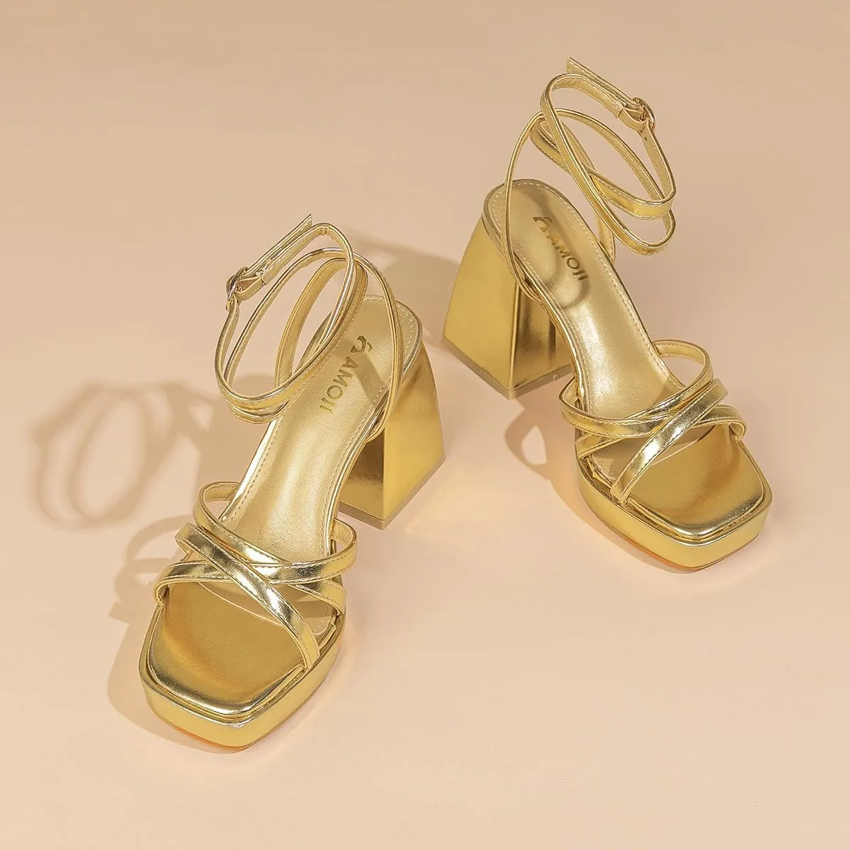 Amoji Women's 4 Inch Platform Chunky Heel Strappy Ankle Strap Block Heeled Sandals 305