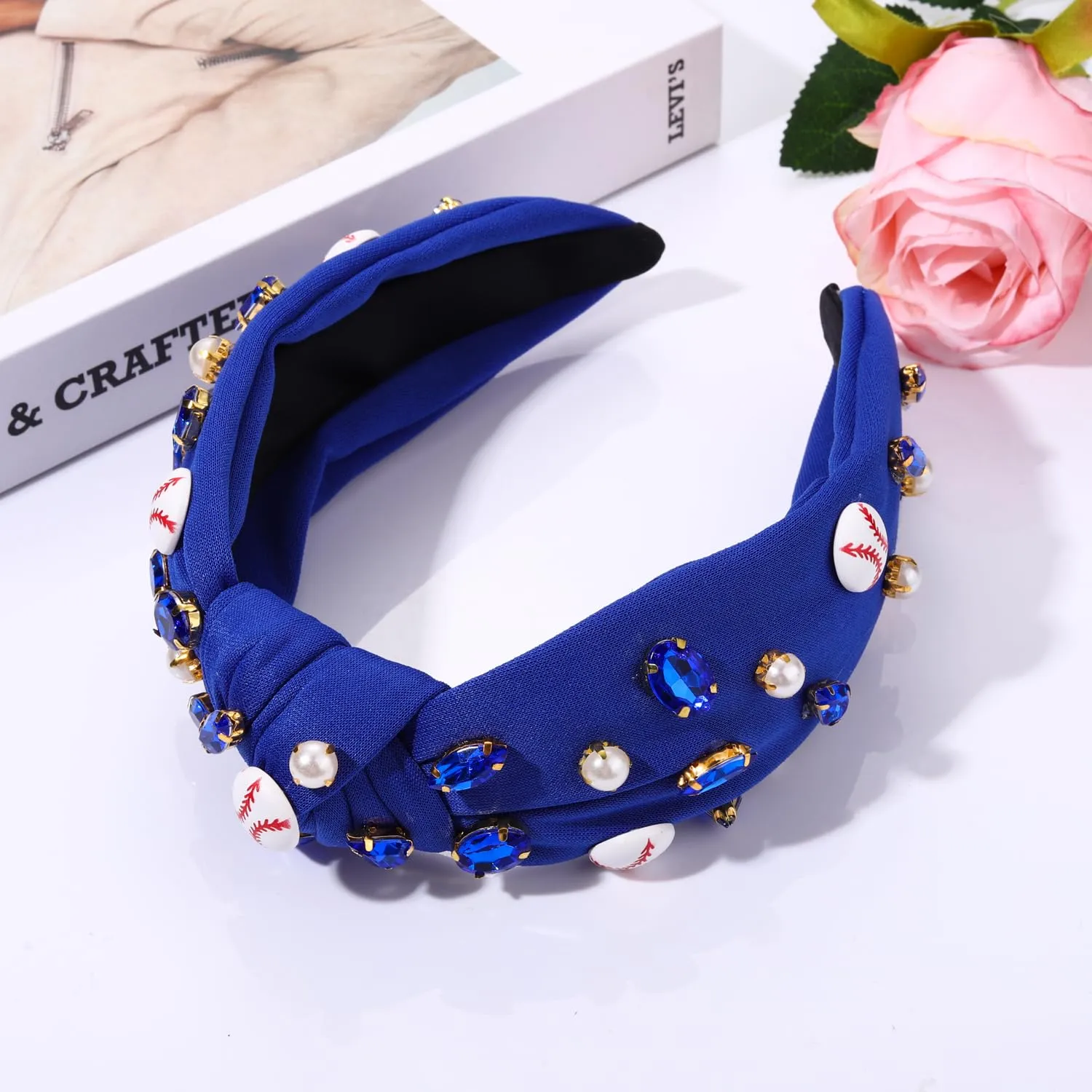 Baseball Knotted Headband for Women Sparkle Crystal Baseball Charm Headband Game Day Top Knot Hairband Baseball Mom Accessories Gift for Sports Fans