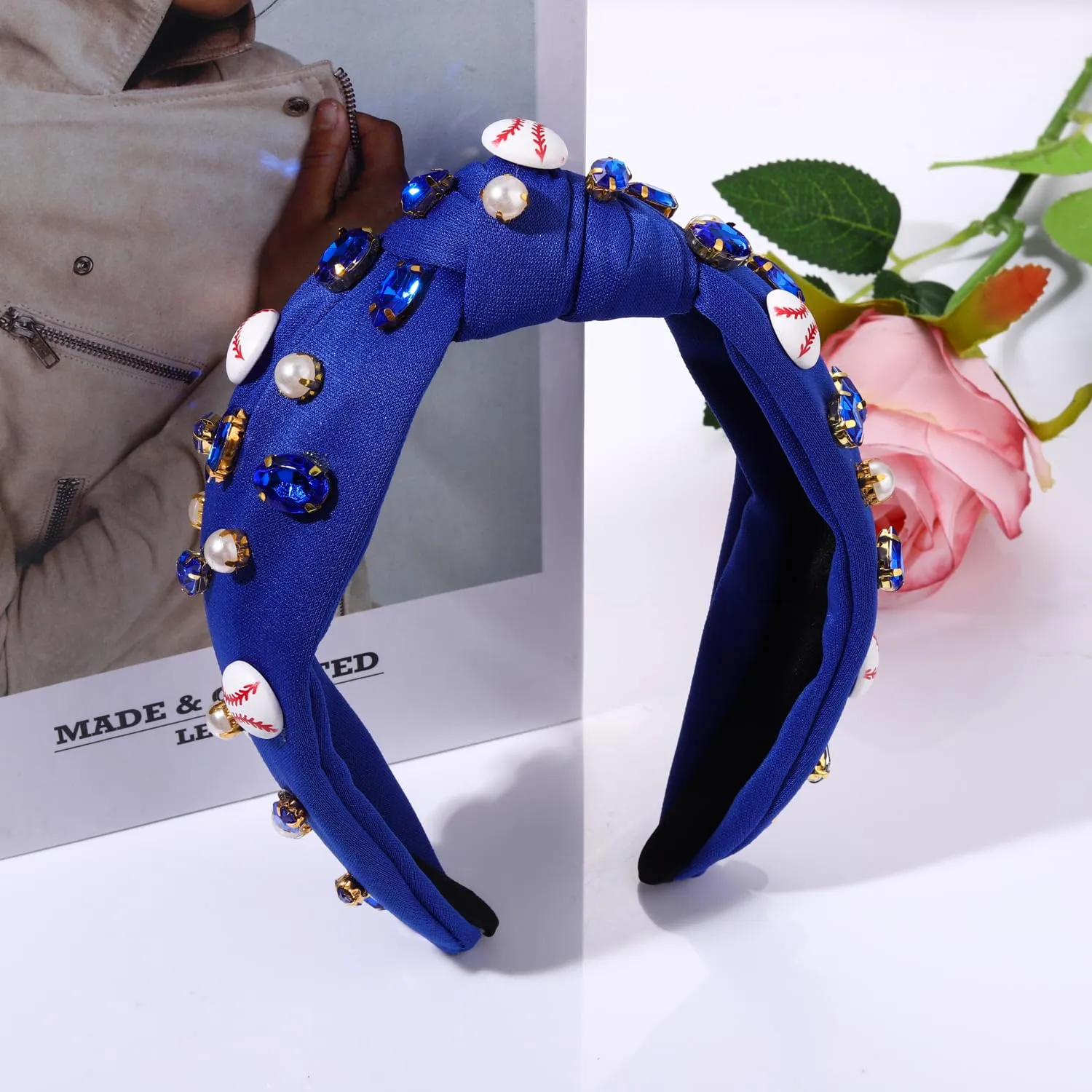 Baseball Knotted Headband for Women Sparkle Crystal Baseball Charm Headband Game Day Top Knot Hairband Baseball Mom Accessories Gift for Sports Fans