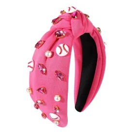 Baseball Knotted Headband for Women Sparkle Crystal Baseball Charm Headband Game Day Top Knot Hairband Baseball Mom Accessories Gift for Sports Fans