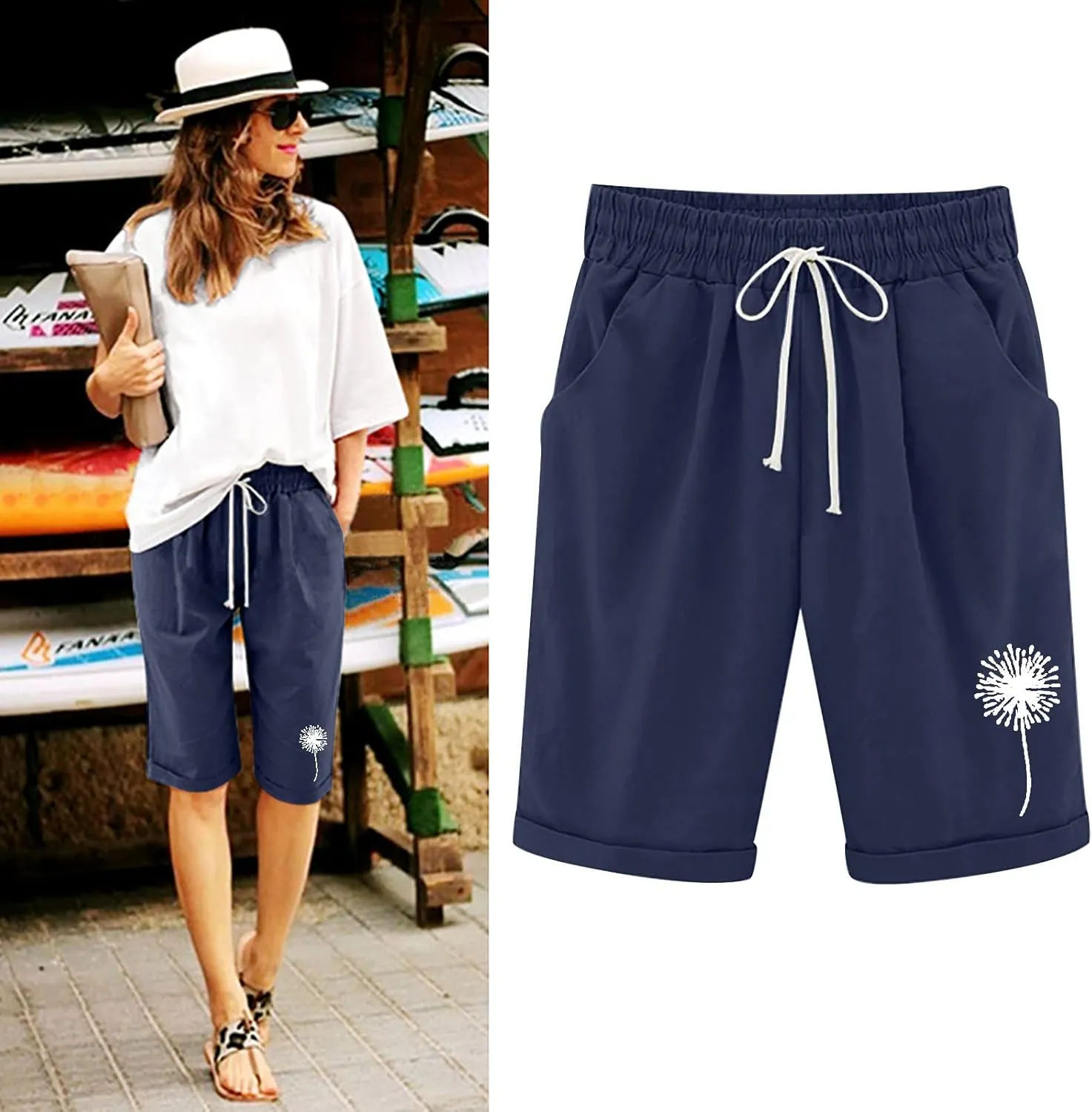 Bermuda Shorts for Women Knee Length Cotton Linen Elastic Waist Drawstring Shorts Summer Capris Pants with Pockets