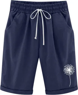 Bermuda Shorts for Women Knee Length Cotton Linen Elastic Waist Drawstring Shorts Summer Capris Pants with Pockets