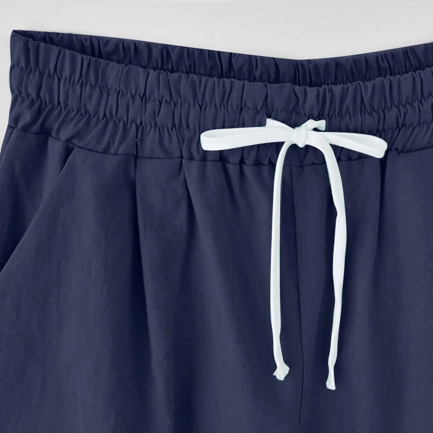 Bermuda Shorts for Women Knee Length Cotton Linen Elastic Waist Drawstring Shorts Summer Capris Pants with Pockets