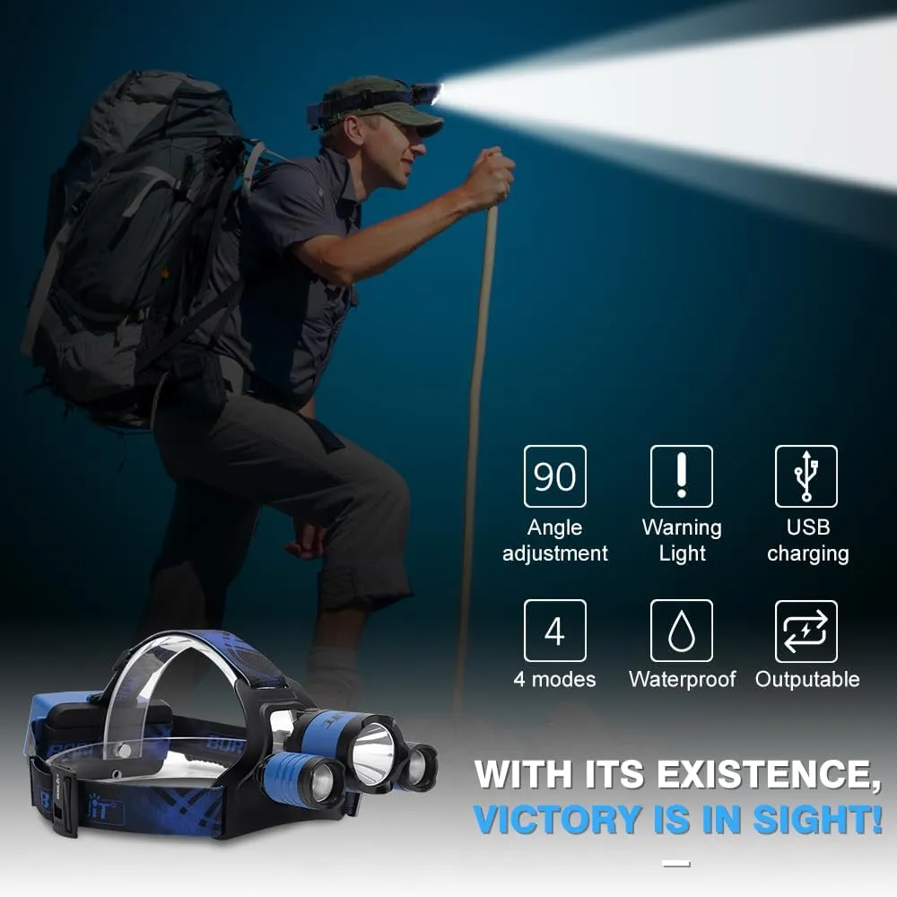 BORUIT B21 Headlamp Rechargeable, LED Super Bright Head Lights for Forehead, Battery Powered, 4 Modes Head Lamp 90 Adjustable, IPX5 Waterproof