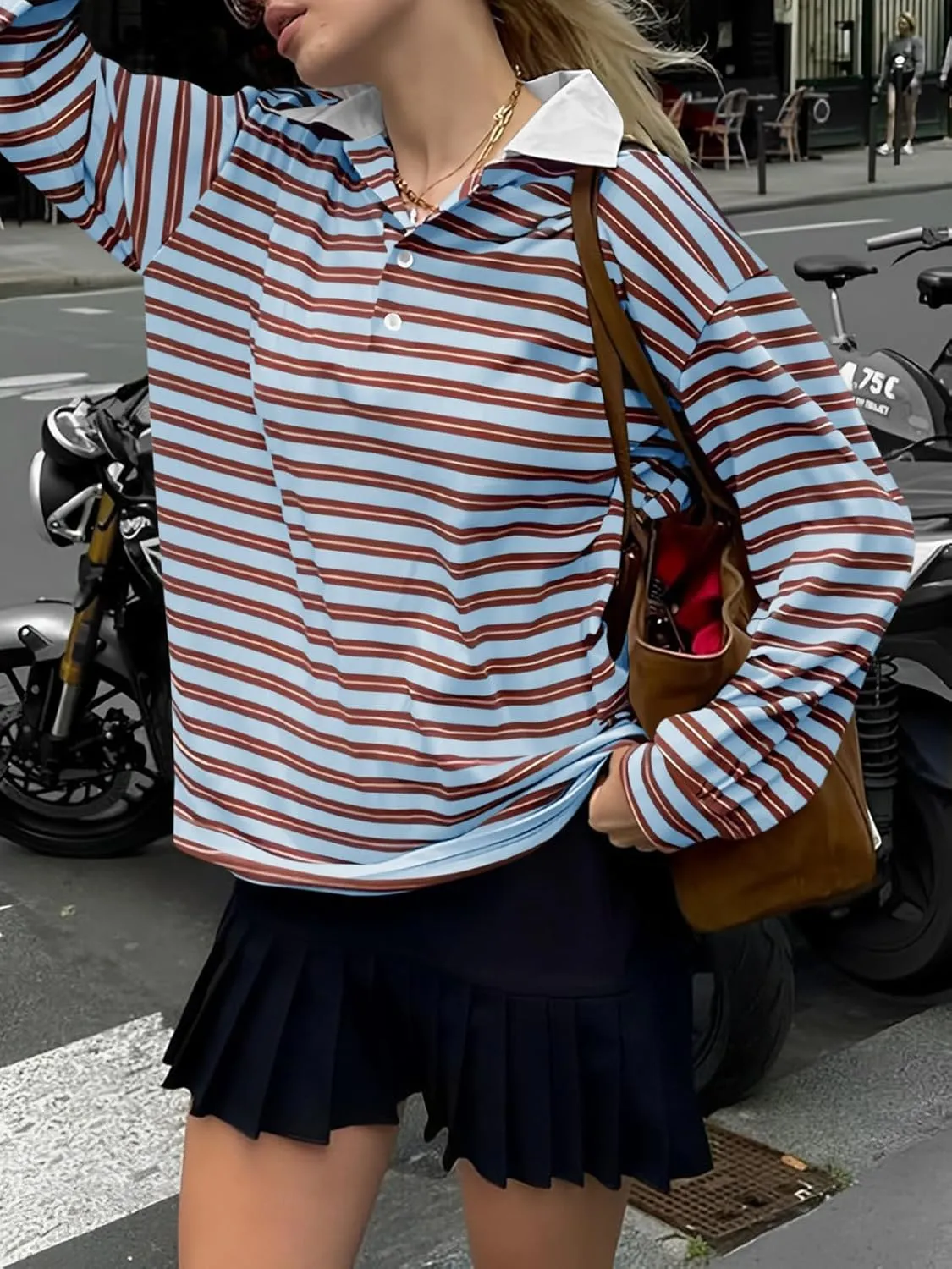 Cicy Bell Womens Long Sleeve Rugby Polo Shirts Oversized Striped Collared Sweatshirt Color Block Tunic Tops