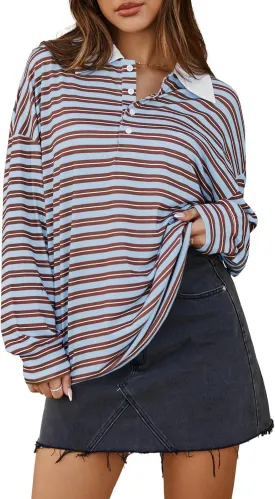 Cicy Bell Womens Long Sleeve Rugby Polo Shirts Oversized Striped Collared Sweatshirt Color Block Tunic Tops