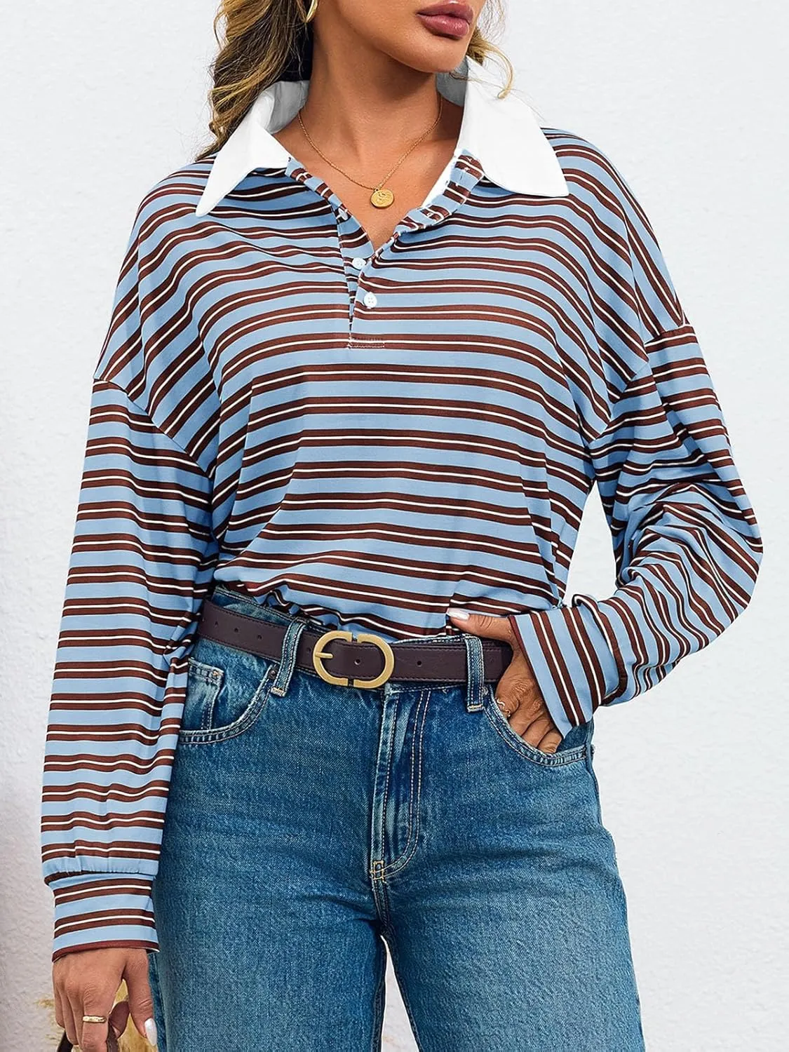 Cicy Bell Womens Long Sleeve Rugby Polo Shirts Oversized Striped Collared Sweatshirt Color Block Tunic Tops