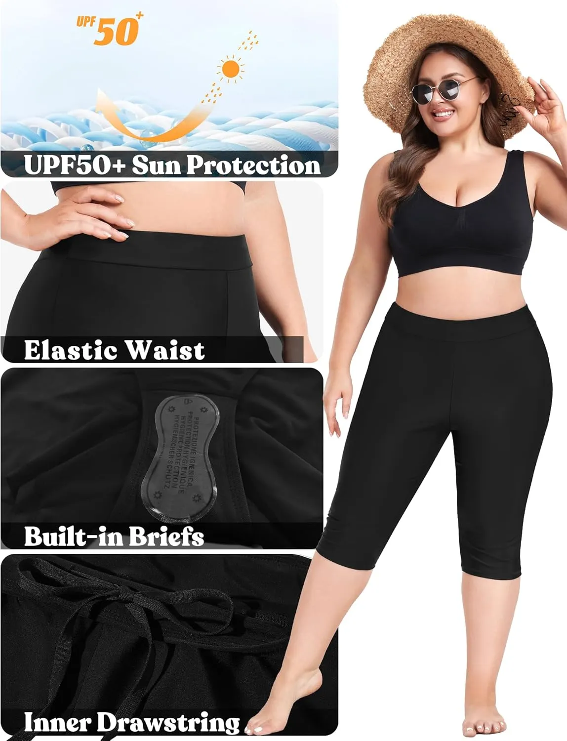FOREYOND Plus Size Swim Capris Pants for Women High Waisted Swimming Leggings Tankini Rash Guard Bottoms Swimwear Shorts