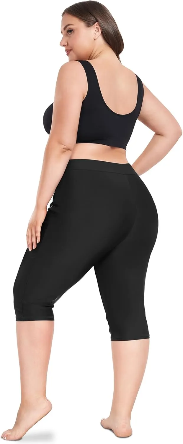 FOREYOND Plus Size Swim Capris Pants for Women High Waisted Swimming Leggings Tankini Rash Guard Bottoms Swimwear Shorts