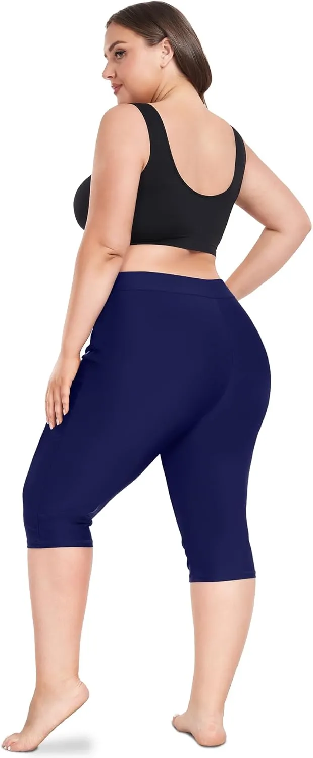 FOREYOND Plus Size Swim Capris Pants for Women High Waisted Swimming Leggings Tankini Rash Guard Bottoms Swimwear Shorts