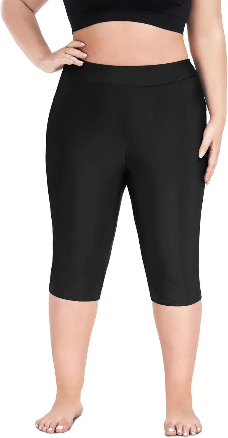 FOREYOND Plus Size Swim Capris Pants for Women High Waisted Swimming Leggings Tankini Rash Guard Bottoms Swimwear Shorts