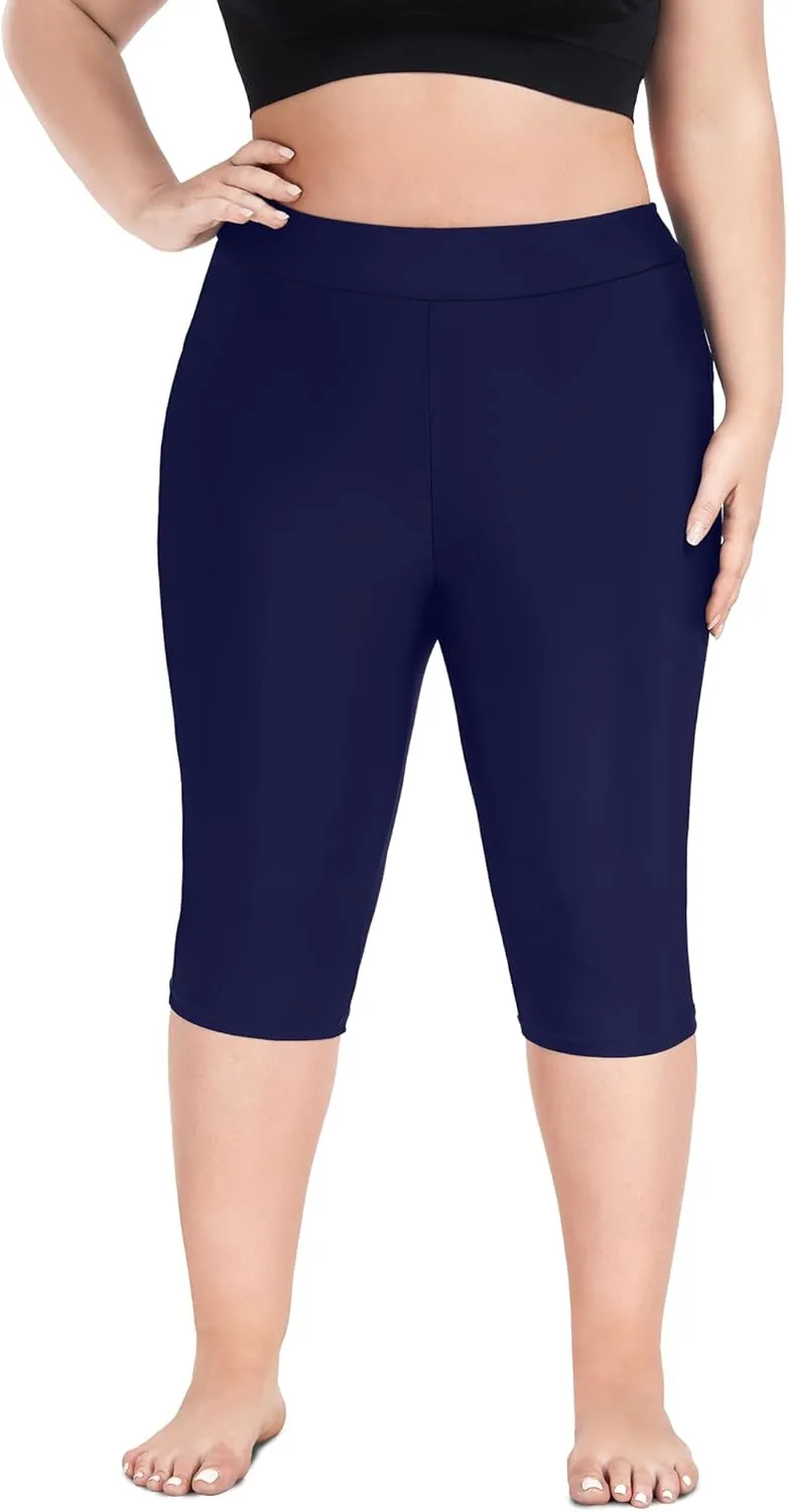 FOREYOND Plus Size Swim Capris Pants for Women High Waisted Swimming Leggings Tankini Rash Guard Bottoms Swimwear Shorts