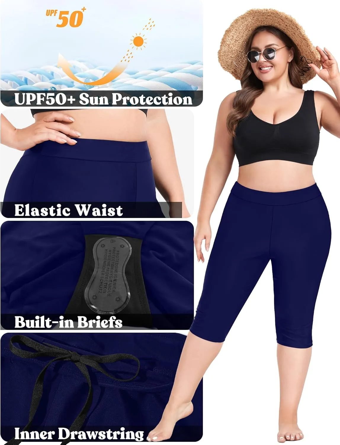 FOREYOND Plus Size Swim Capris Pants for Women High Waisted Swimming Leggings Tankini Rash Guard Bottoms Swimwear Shorts