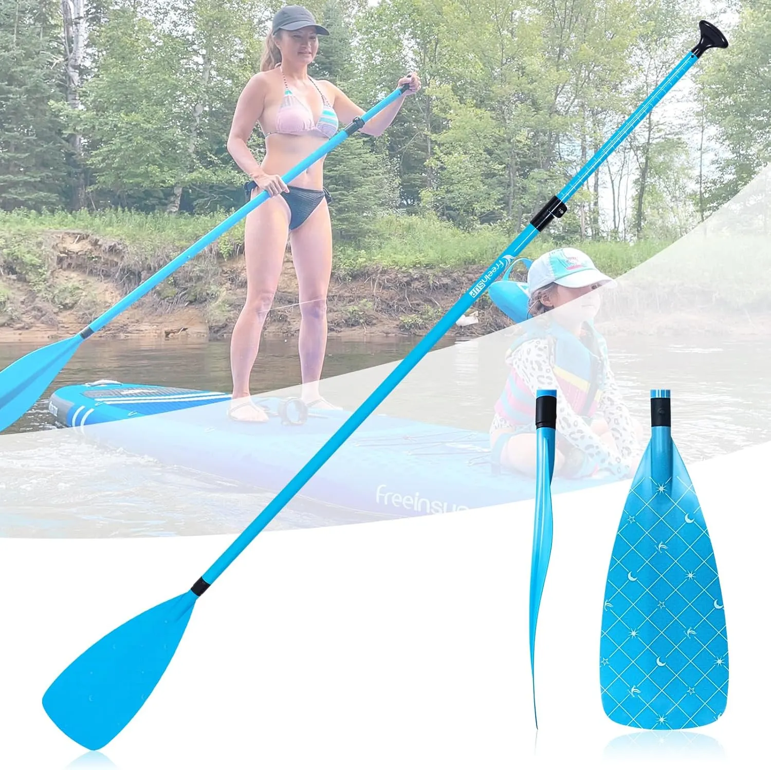 Freein 3-Piece Adjustable & Floating SUP Paddle - Fiberglass Shaft, Nylon Blade (71-83")