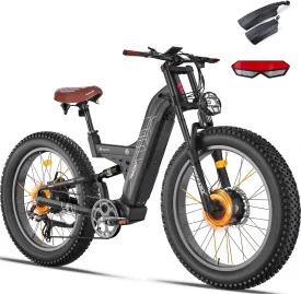FREESKY Dual Motor 38 MPH 48V 30AH 2025 Upgraded AWD Peak 3500W Electric Mountain Bike for Adults 26" Fat Tire Long Range Full Suspension Off-Road E-Bike with Dual Hydraulic Disc Brake Warrior PRO