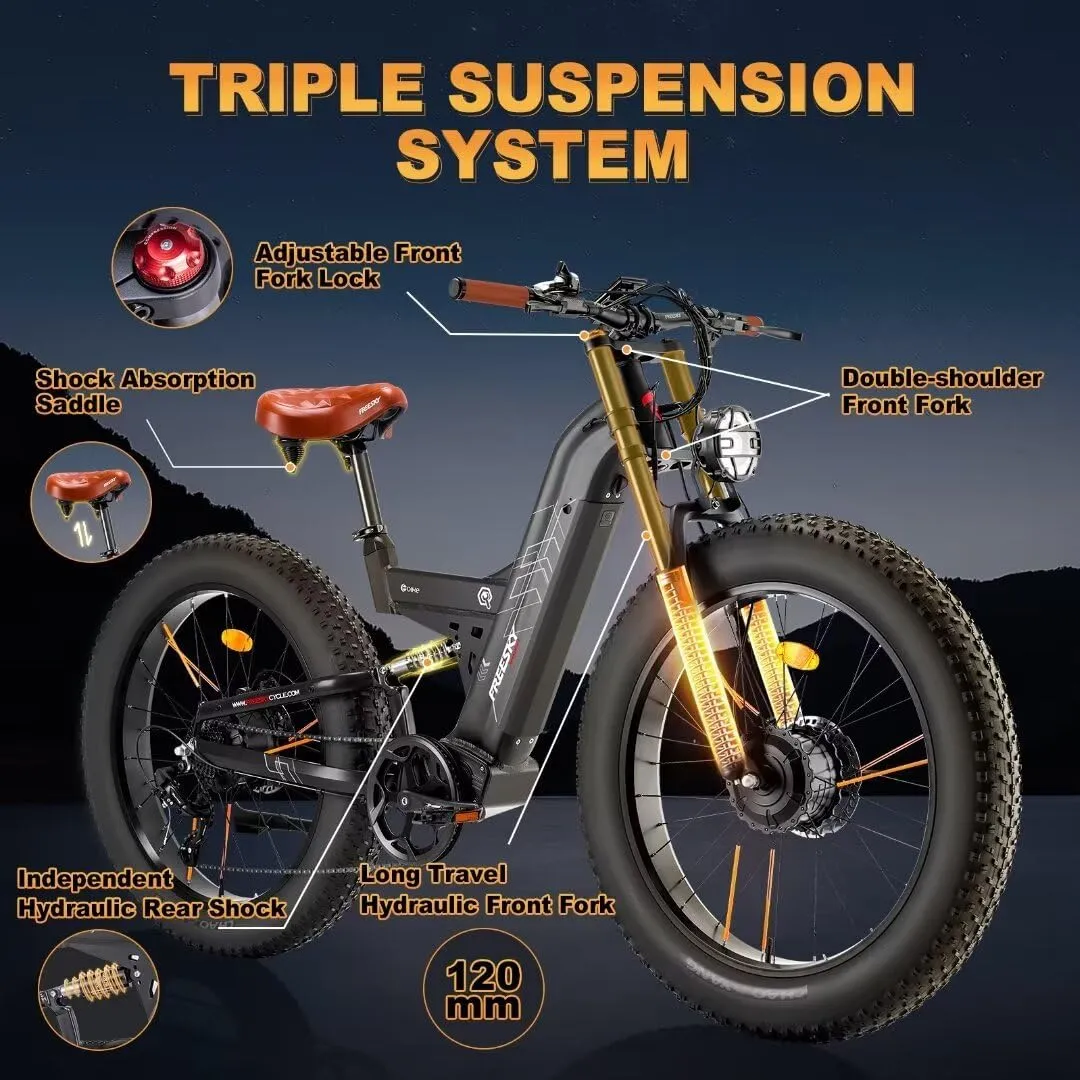 FREESKY Dual Motor 38 MPH 48V 30AH 2025 Upgraded AWD Peak 3500W Electric Mountain Bike for Adults 26" Fat Tire Long Range Full Suspension Off-Road E-Bike with Dual Hydraulic Disc Brake Warrior PRO