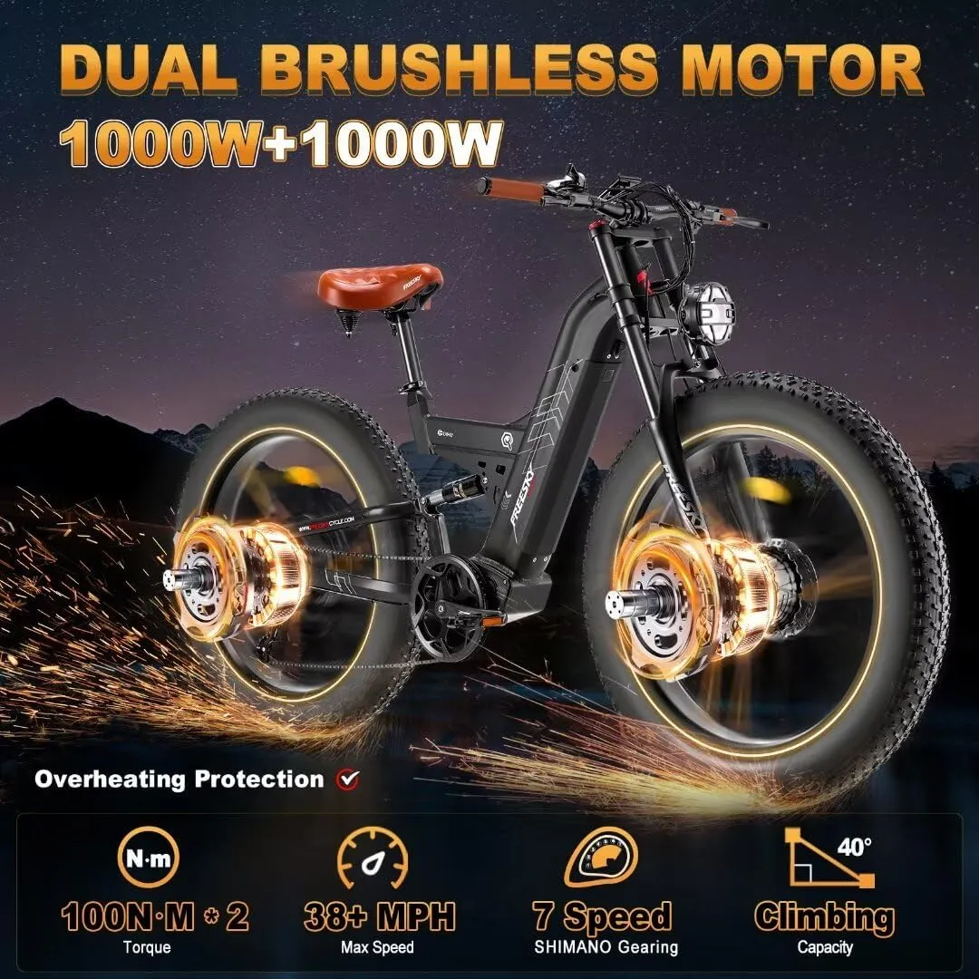 FREESKY Dual Motor 38 MPH 48V 30AH 2025 Upgraded AWD Peak 3500W Electric Mountain Bike for Adults 26" Fat Tire Long Range Full Suspension Off-Road E-Bike with Dual Hydraulic Disc Brake Warrior PRO