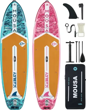 MOUSA 11'35" Inflatable SUP Board Bundle  2 Colors (Blue & Pink), Stable Paddleboard for 2 People, Full EVA Deck, 100L Backpack
