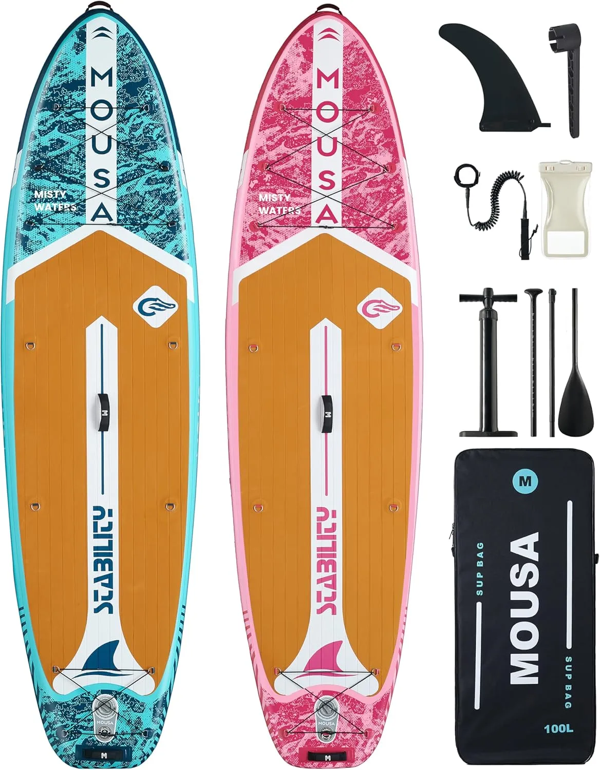 MOUSA 11'35" Inflatable SUP Board Bundle  2 Colors (Blue & Pink), Stable Paddleboard for 2 People, Full EVA Deck, 100L Backpack