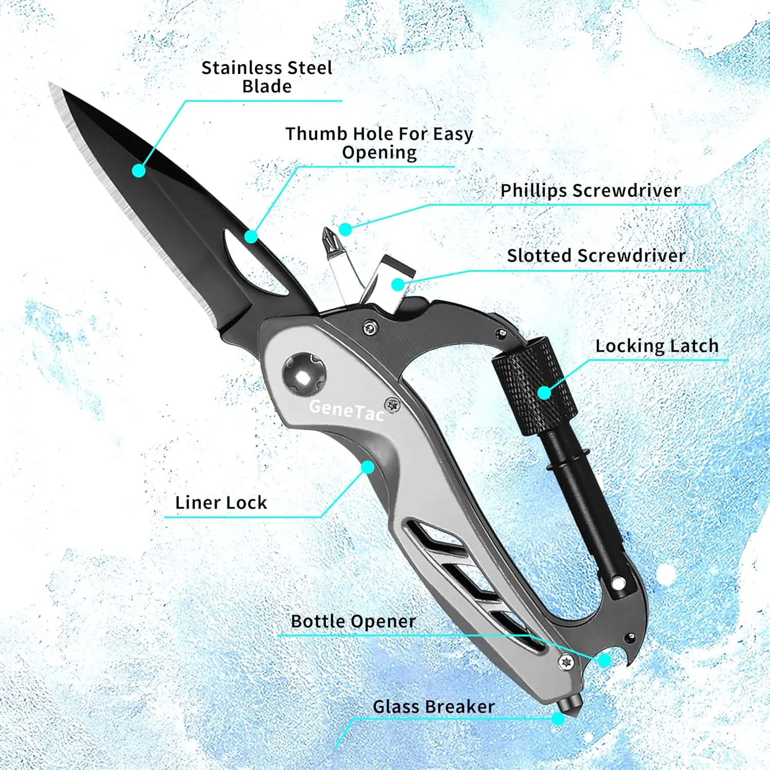 Multi-tool Carabiner with Pocket Knife, Bottle Opener, Window Breaker, Screwdrivers, EDC Tactical Survival Gear for Camping (Grey)