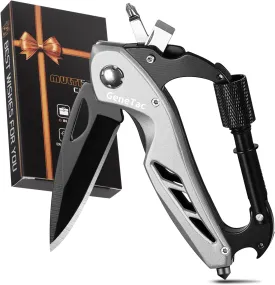 Multi-tool Carabiner with Pocket Knife, Bottle Opener, Window Breaker, Screwdrivers, EDC Tactical Survival Gear for Camping (Grey)