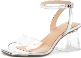 mysoft Women's Clear Heels Low Chunky Heel Open Toe Transparent Zebra Rhinestones Block Heeled Sandals Ankle Strap Shoes