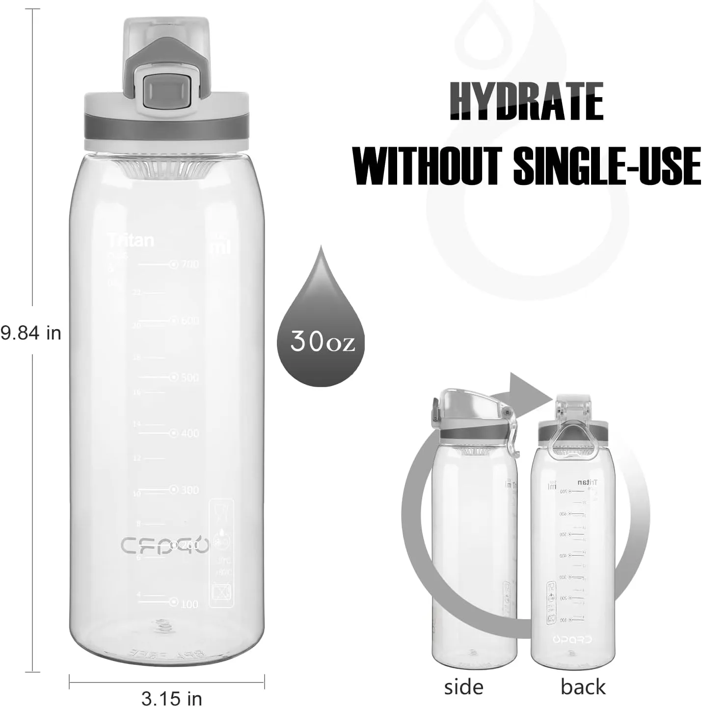 Opard 30oz/32oz Sports Water Bottle with Leak Proof Flip Top Lid BPA Free Tritan Reusable Plastic for Gym and Outdoor, Travel Water Bottle with Straw