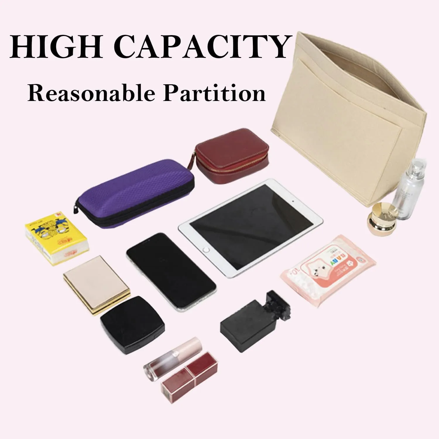 Purse Organizer, Multi-Pocket Felt Handbag Organizer, Folding Tote Bag organizer insert for Insert Wallet Organizer Suitable for Longchamp (Beige, Large)