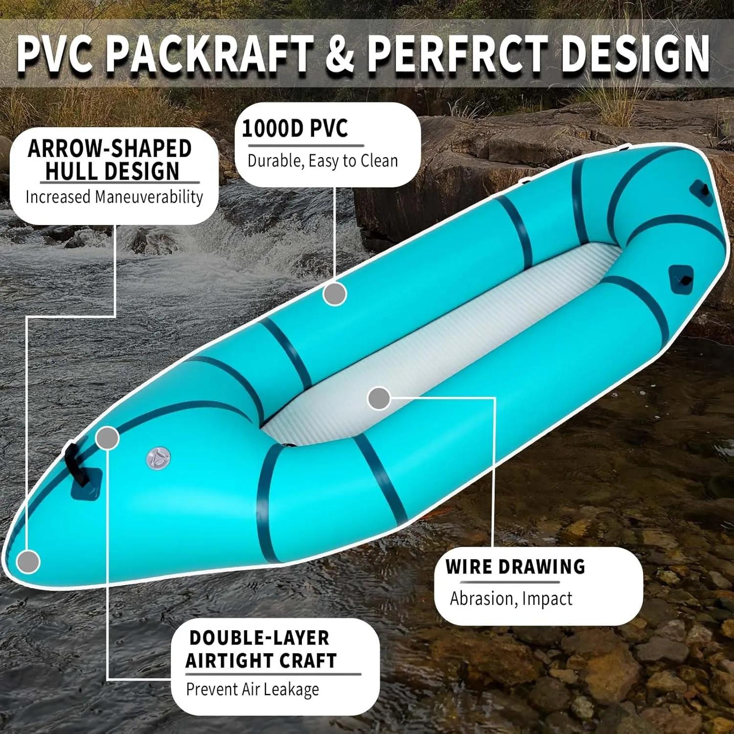 PVC Packrafts,1 Person Packraft for Flat Water Rafting Camping Trip/Fishing/Water Adventures, Travel Kayak with Two-Way Manual Pump, 300lb Weight Capacity