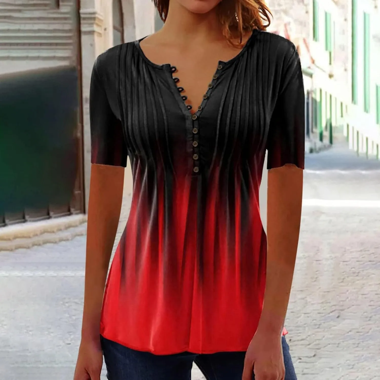 SHAOBGE Summer Tops for Women 2025 Trendy Boho Floral Print Tunic Shirt Short Sleeve Button v Neck Tshirt Casual Loose Blouse