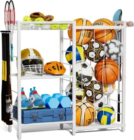 Sports Equipment Organizer, Toy Storage with Elastic Straps for Garage Organization, Rolling Ball Storage Rack for Sports Ball/Toy Storage Organizer, Garage Storage with Multi-Functional Hooks
