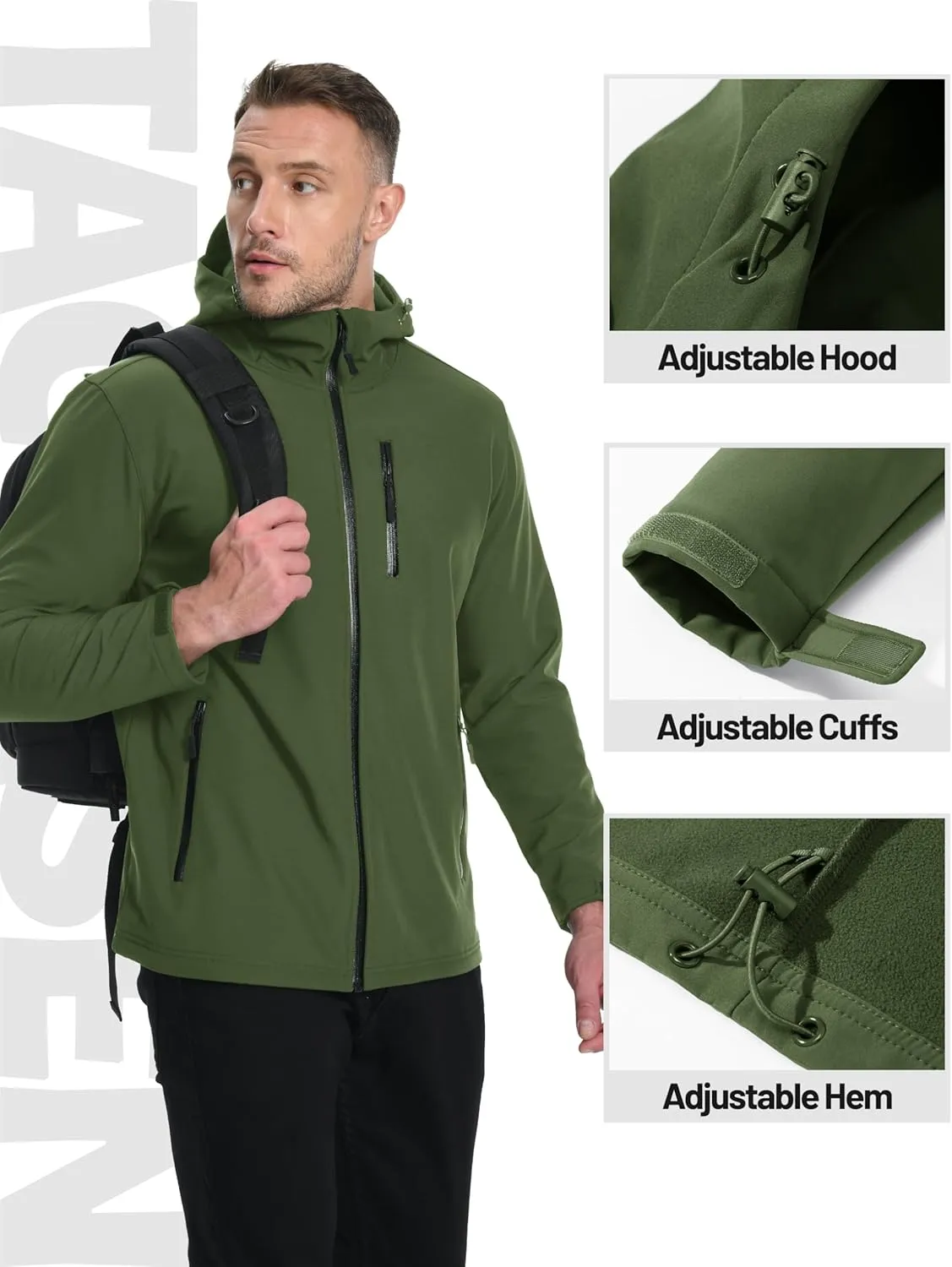 TACVASEN Men's Hooded Softshell Jacket Lightweight Waterproof Fleece Lined Windbreaker Rain Jacket Winter Outdoor Hiking