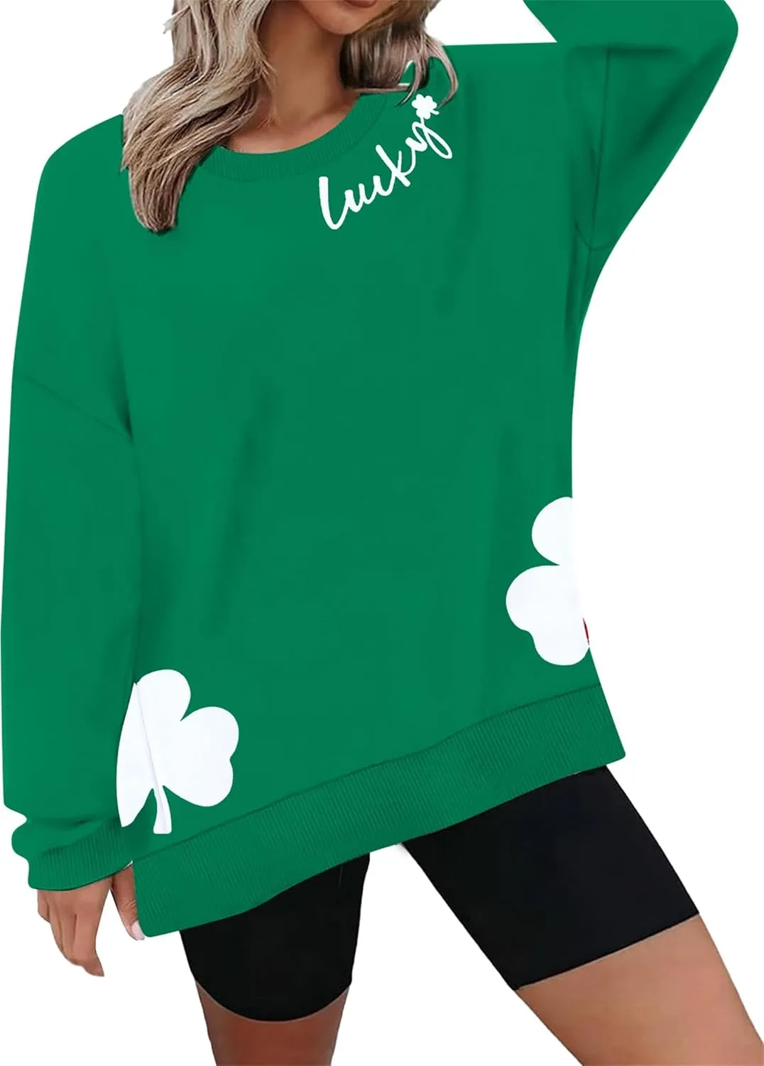 VILOVE Women St Patricks Day Sweatshirts Lucky Clover Sweater Irish Shamrock Pullover Long Sleeve Graphic Tops