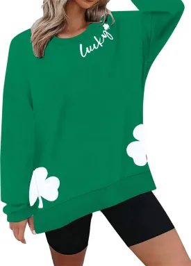 VILOVE Women St Patricks Day Sweatshirts Lucky Clover Sweater Irish Shamrock Pullover Long Sleeve Graphic Tops