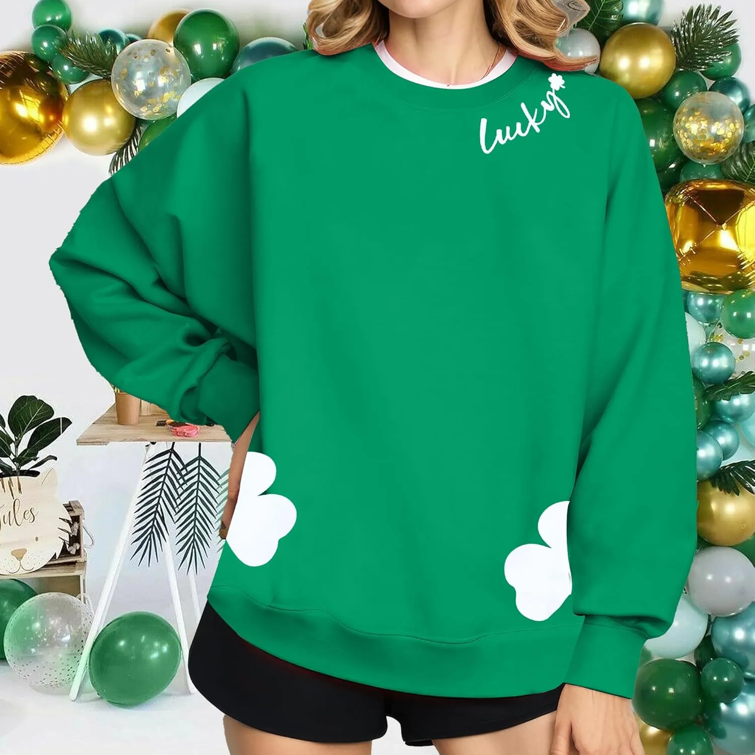 VILOVE Women St Patricks Day Sweatshirts Lucky Clover Sweater Irish Shamrock Pullover Long Sleeve Graphic Tops