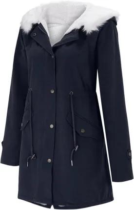 Women's winter casual fashion long sleeve windproof warm coat with chinstrap pocket and extra fleece