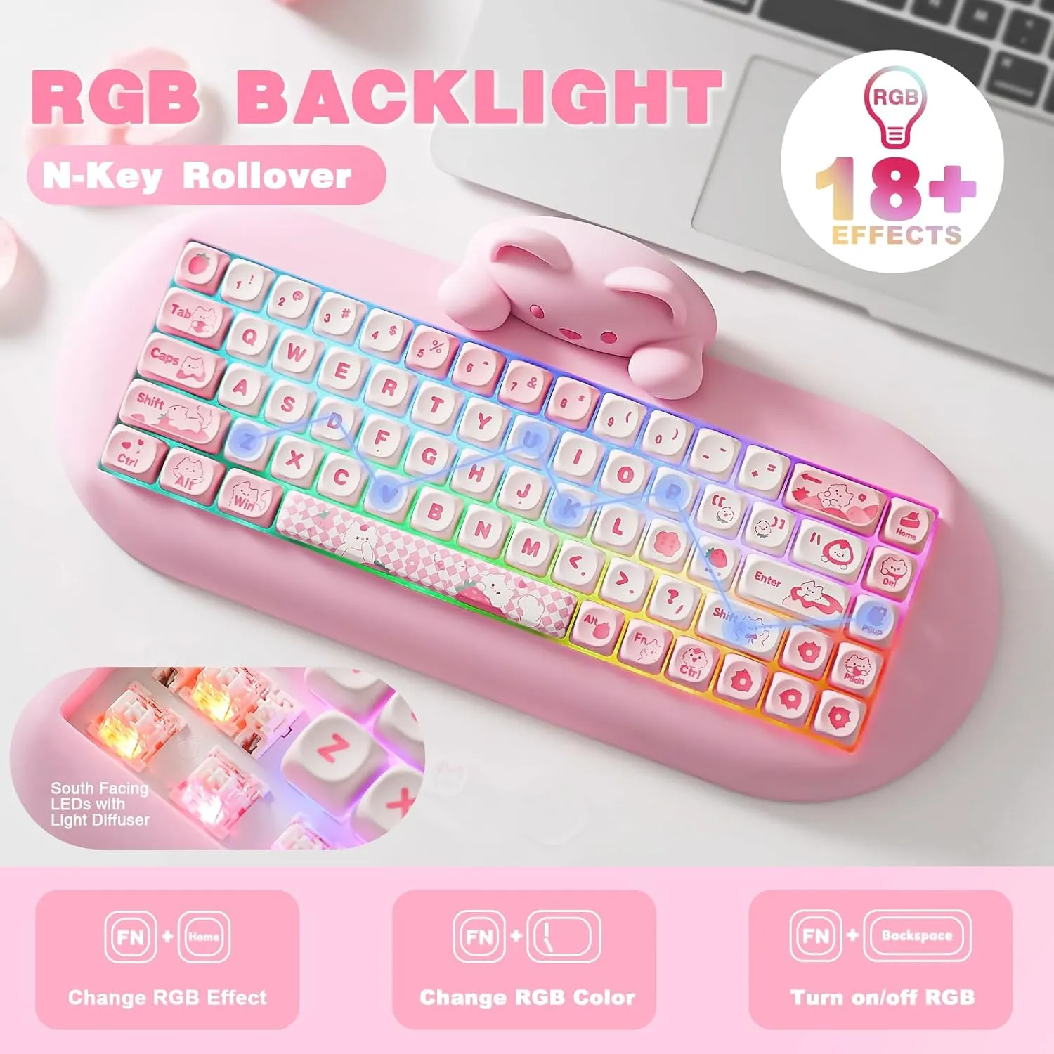 YUNZII C68 Wireless Mechanical Keyboard,65% Layout,Hot Swap,Triple Mode BT5.0/2.4G/Wired, RGB Backlit NKRO,Cute Cat Silicone Ergonomic Design for Win/Mac(Pink, Cocoa Cream V2 Switch)