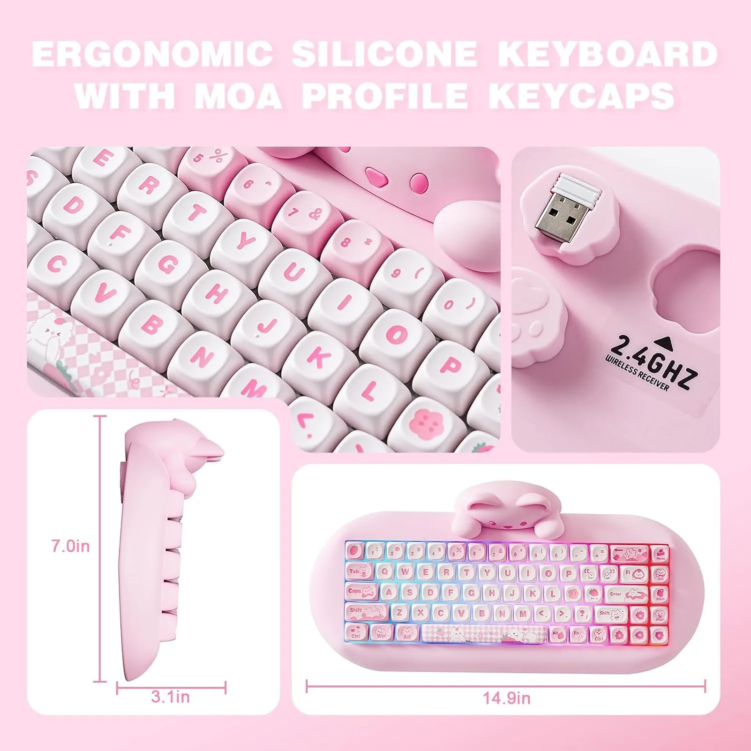 YUNZII C68 Wireless Mechanical Keyboard,65% Layout,Hot Swap,Triple Mode BT5.0/2.4G/Wired, RGB Backlit NKRO,Cute Cat Silicone Ergonomic Design for Win/Mac(Pink, Cocoa Cream V2 Switch)