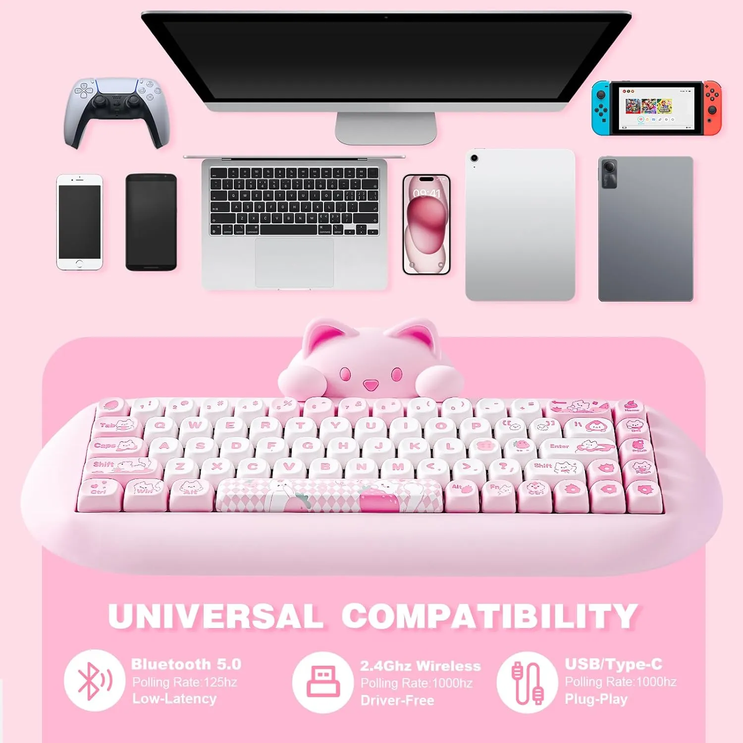 YUNZII C68 Wireless Mechanical Keyboard,65% Layout,Hot Swap,Triple Mode BT5.0/2.4G/Wired, RGB Backlit NKRO,Cute Cat Silicone Ergonomic Design for Win/Mac(Pink, Cocoa Cream V2 Switch)