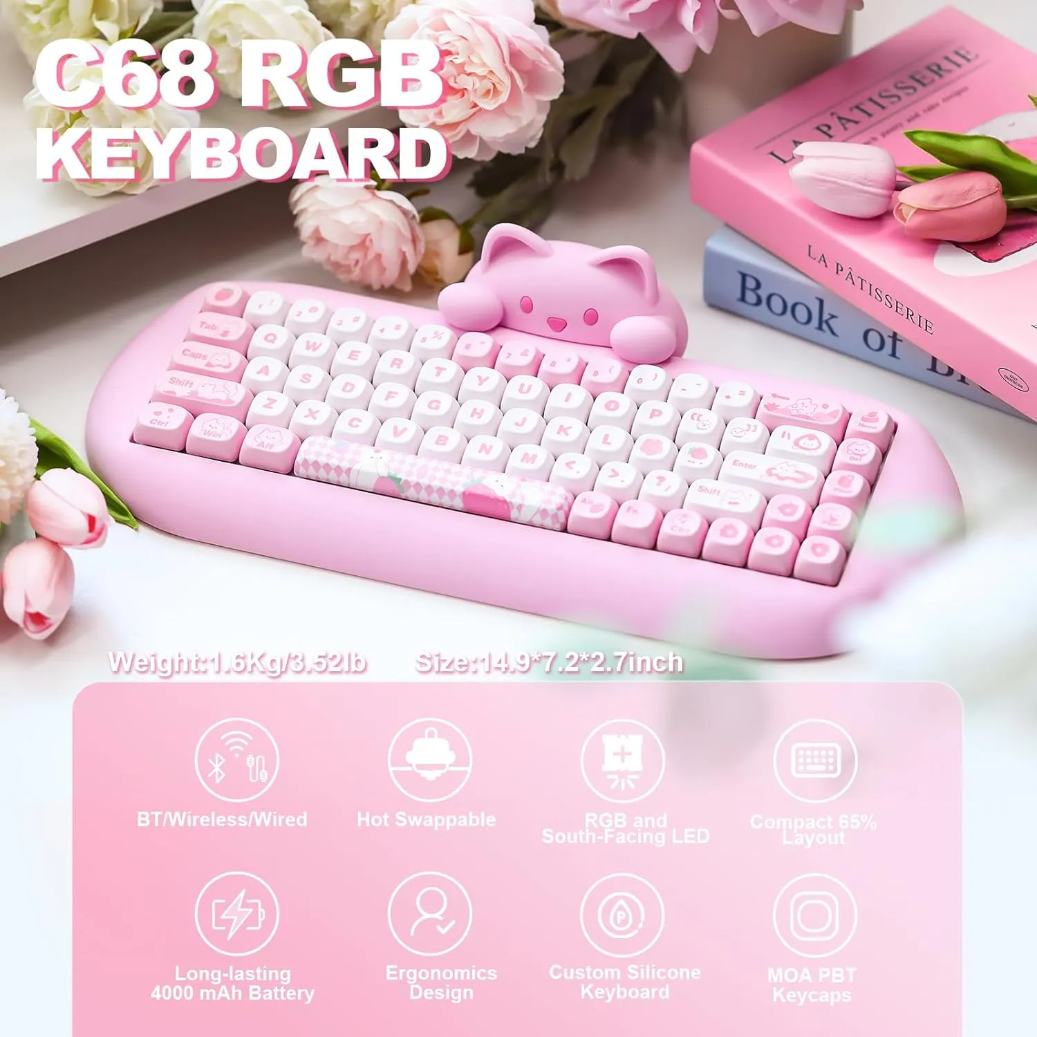 YUNZII C68 Wireless Mechanical Keyboard,65% Layout,Hot Swap,Triple Mode BT5.0/2.4G/Wired, RGB Backlit NKRO,Cute Cat Silicone Ergonomic Design for Win/Mac(Pink, Cocoa Cream V2 Switch)