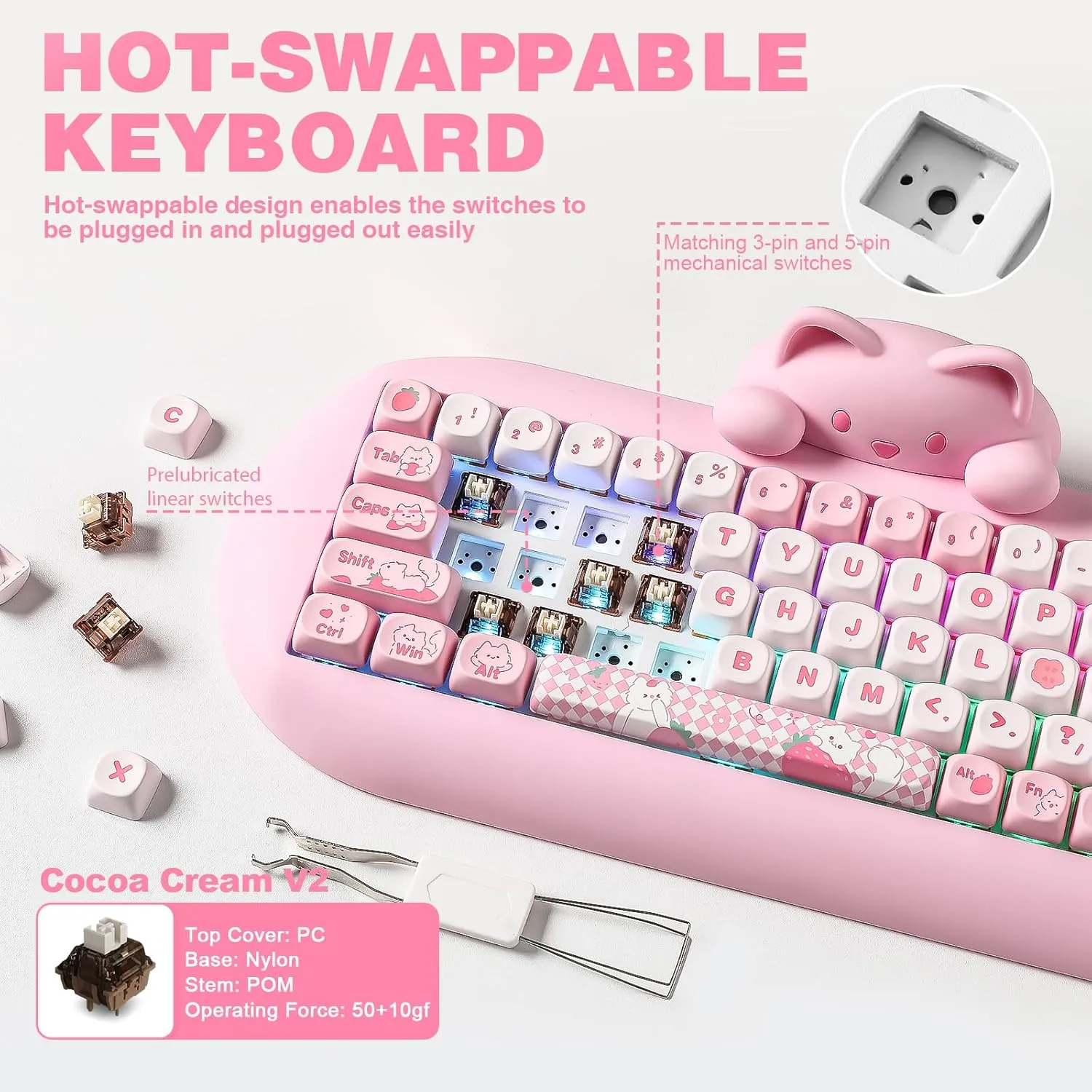 YUNZII C68 Wireless Mechanical Keyboard,65% Layout,Hot Swap,Triple Mode BT5.0/2.4G/Wired, RGB Backlit NKRO,Cute Cat Silicone Ergonomic Design for Win/Mac(Pink, Cocoa Cream V2 Switch)