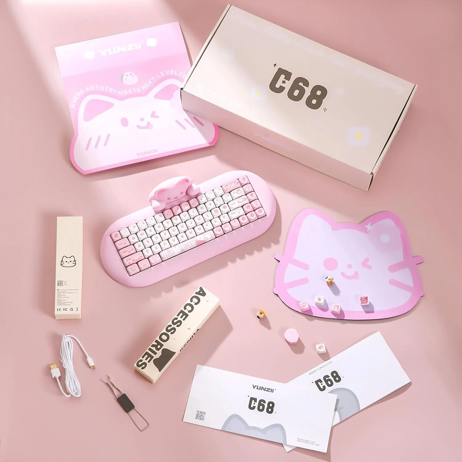 YUNZII C68 Wireless Mechanical Keyboard,65% Layout,Hot Swap,Triple Mode BT5.0/2.4G/Wired, RGB Backlit NKRO,Cute Cat Silicone Ergonomic Design for Win/Mac(Pink, Cocoa Cream V2 Switch)