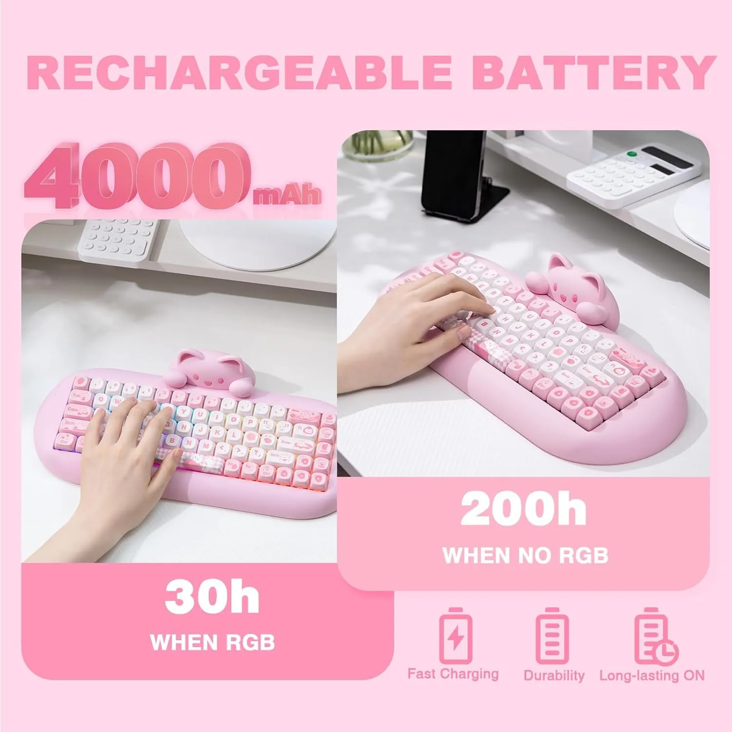 YUNZII C68 Wireless Mechanical Keyboard,65% Layout,Hot Swap,Triple Mode BT5.0/2.4G/Wired, RGB Backlit NKRO,Cute Cat Silicone Ergonomic Design for Win/Mac(Pink, Cocoa Cream V2 Switch)